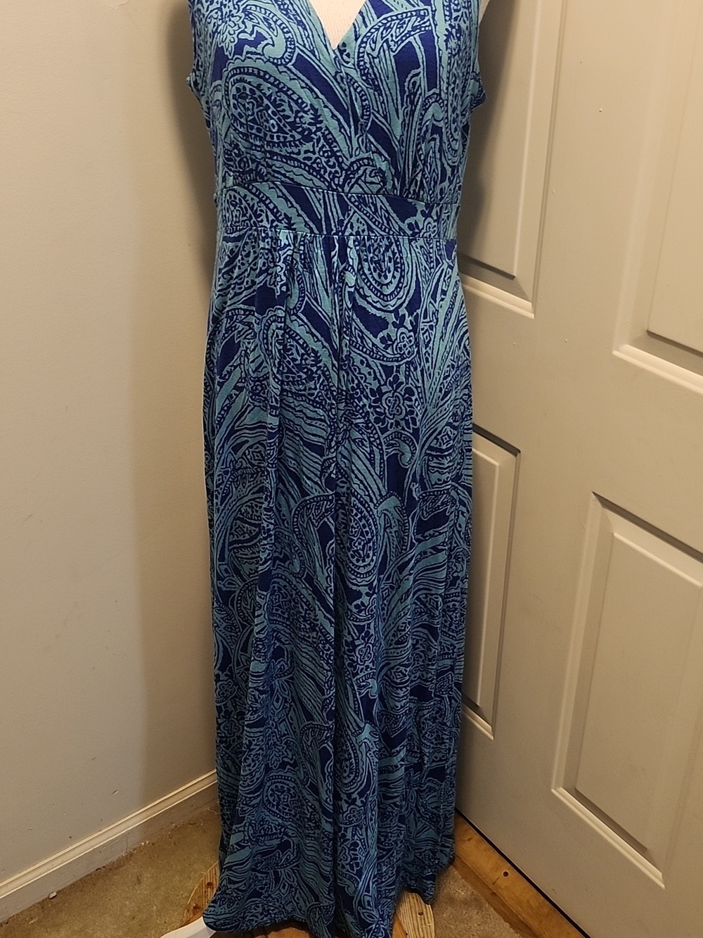 Coldwater Creek Knit Maxi Blue Floral Sleeveless Dress Size 12